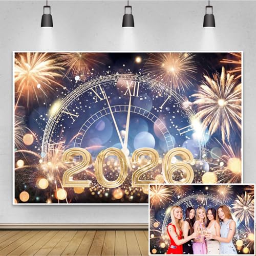 Renaiss 7x5ft New Year's Eve Countdown Clock Backdrop Gold Fireworks