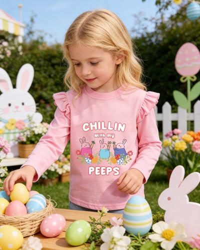 Image of Tkria Toddler Girls Happy Easter T-Shirt Bunny Eggs Ruffle Long Sleeve Shirt Kids Tee Top 2-7T