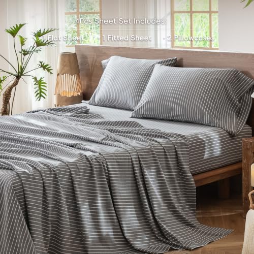 Image of MooMee Striped Sheet Set 100% Washed Cotton Linen Like Queen