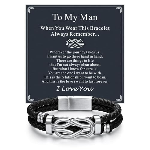ChainsHouse Square Love Knot Bracelets for Men Braided Leather Stainless Steel Infinity Bracelets with Love Message Card Aniversary Birthday Gift for