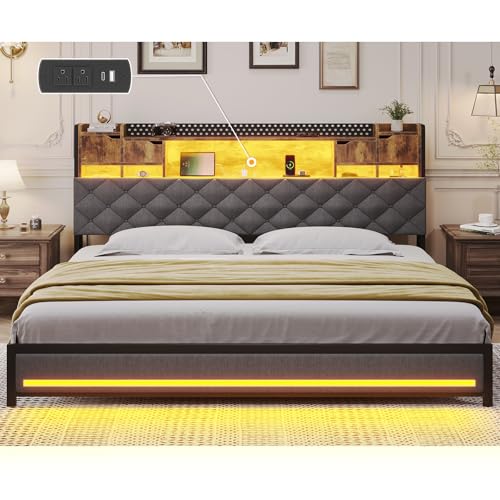 busyaeh King Size Bed Frame with Upholstered Storage Headboard, King Bed Frame with Smart LED Lights, Camas King Bed with Charging Station,Noise-Free, Metal Support, No Box Spring Needed, Gray
