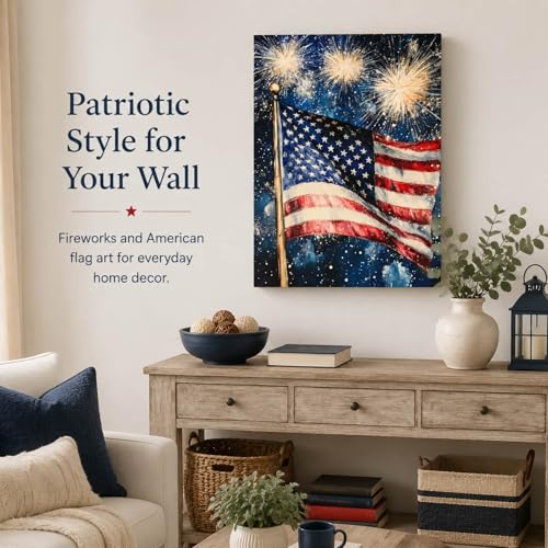 Image of Patriotic Wall Art Decorations, 4th of July American Flag Fireworks Vintage Canvas Print Picture Framed, for Rustic Americana Home Living Room Decor