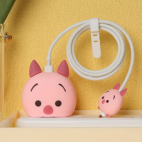 Image of Cartoon 3D Design Protective Case for 18W 20W iPhone 14 13 12 11 Pro Max Fast Charging Cable Adapter Charger, Cute Cartoon Lightning Data Cable Case for iPhone Charger Pijie-Pig