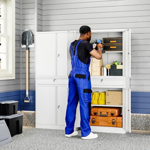 Image of Yizosh Metal Garage Storage Cabinet with Locking Doors and Adjustable Shelves, 71 inch Tool Storage Cabinet with 1 Drawer for Garage,Office,Warehouse (White)