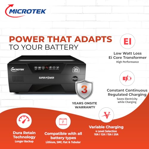 Image of Microtek Super Power NEW 900 Pure Digital Wave Inverter 12V | 800VA /675W Home UPS Inverter | Intelligent CCCV Charging | Supports Tubular, Flat Plate & SMF Battery | 3 Years Warranty