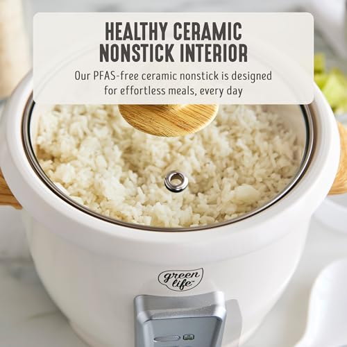 GreenLife Rice Cooker with Removable PFAS-Free Ceramic Nonstick Pot, 3-Cups Uncooked/6-Cups Cooked, Grains & Oatmeal Multicooker, Compact One-Switch Design, Auto Keep Warm, Easy Clean, Cream - Image 3