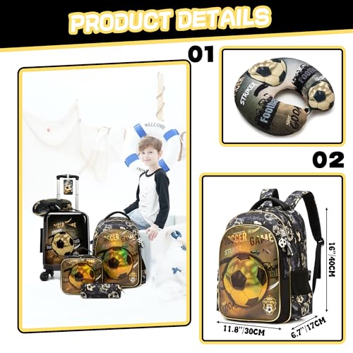 Kid's Football Luggage Set 5 Piece Suitcase Set 16" Hardside Luggage with Spinner Wheels Boys Carry on Toddler Travel Rolling Luggage Airline Approved3