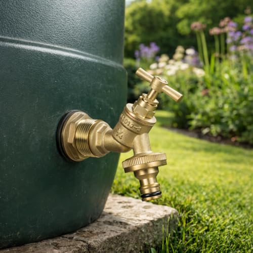 Solid brass water butt/rain barrel/tank threaded outlet adaptor/connector with 2 washers and nut range of tap options (connector+brass bib+quick con)