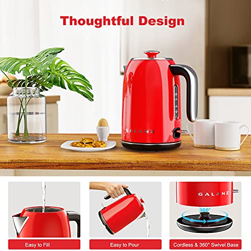 Galanz Retro Electric Kettle With Heat Resistant Handle And Cordless Pour, Quick Hot Water Boil, Boil-Dry Protection, Automatic Shut-Off, 1.7 L, Red #TOP5
