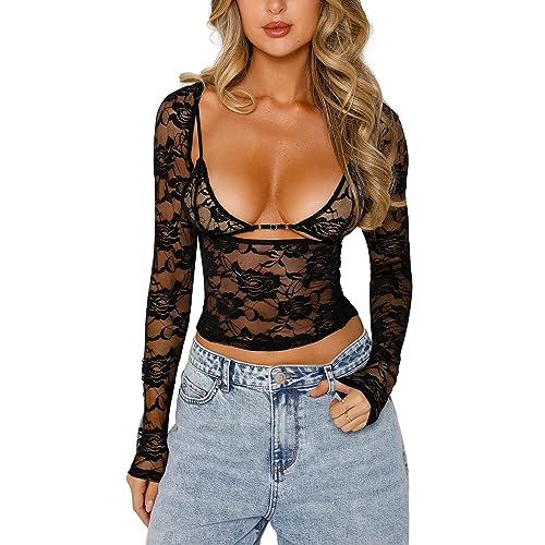 Women Y2K Floral Lace Top Low Cut Sheer Long Sleeve Fitted Crop Shirt with Bra Sexy Mesh Tee Tops Streetwear2