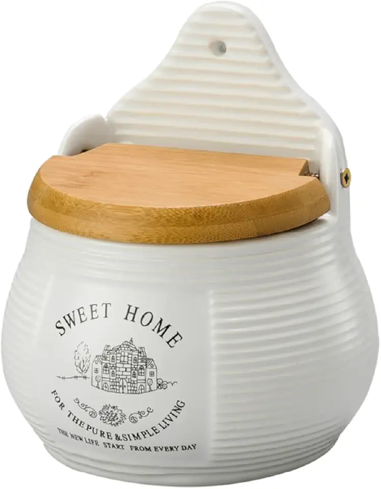 LYOR - Saleiro de Parede de Cerâmica com Tampa de Madeira Sweet Home 10cm x 7,5cm x 13cm