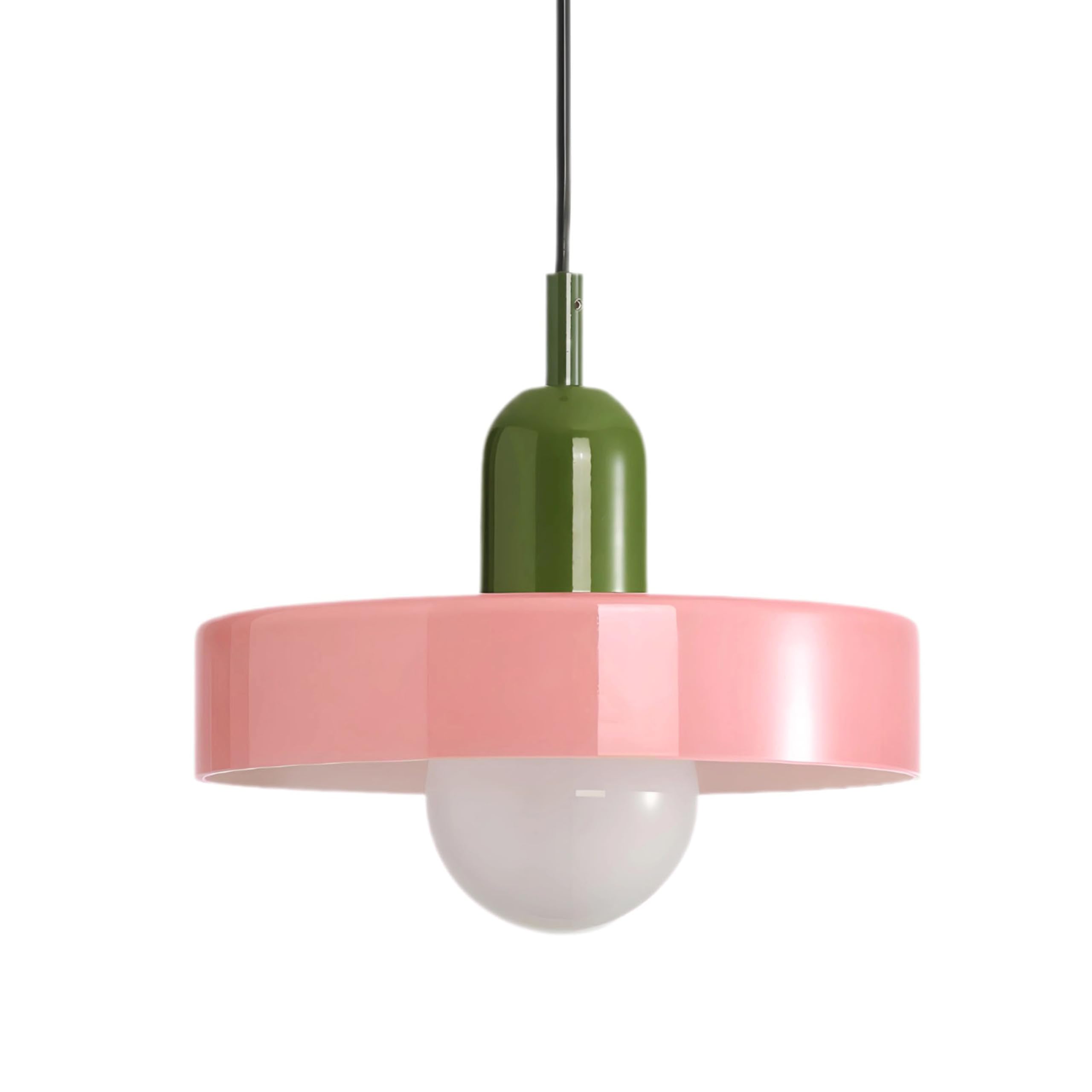 XIRYTU-H 25CM Retro Modern Colourful Glass Pendant Light with Green Metal, Adjustable Height, E27 Hanging Ceiling Lamp for Kitchen Island, Dining Room, Bedroom, Café (Pink)