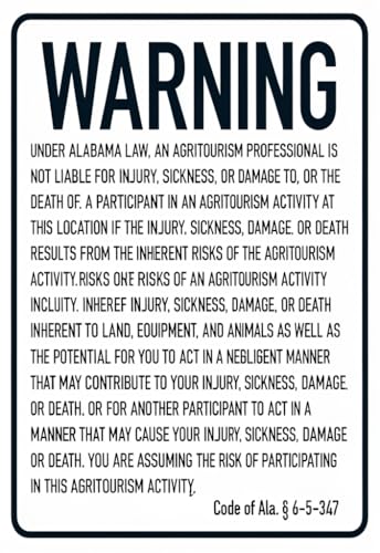 Alabama Agritourism Warning Tin Sign 12x8 Inch, Metal Liability Notice Wall Decor, Farm Safety Sign for Ranch, Barn, Orchard, Petting Zoo, Outdoor Indoor Display