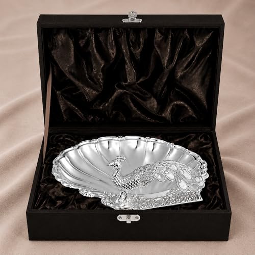 Image of Diviniti German Silver Peacock Decorative Bowl for Home Decor | Luxury Silver Plated Dry Fruit & Sweet Serving Platter | Elegant Peacock Tray with Gift Box for Festive Dining & Gifting