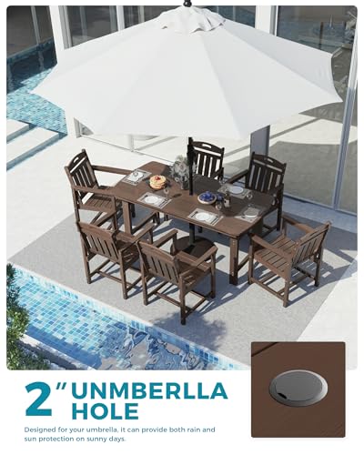 Image of Ciokea HDPE Outdoor Dining Set, 7-Piece Patio Table and Chairs Set with Umbrella Hole, All-Weather Patio Dining Sets for 6, Durable Patio Furniture for Backyard, Garden, Lawn & Poolside, Brown
