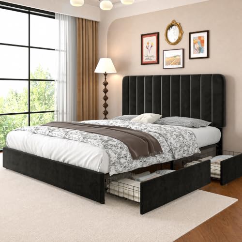 Image of VECELO King Size Upholstered Bed Frame with 4 Drawers and Headboard, Velvet Platform Storage Bedframe, Wooden Slats Support, No Box Spring Needed,Black