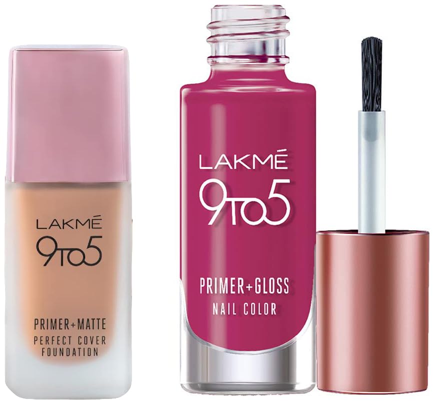 Image of LAKME 9 To 5 Primer + Matte Perfect Full Cover Liquid Foundation,All Skin Type & 9 To 5 Primer + Gloss Nail Color, 2 count