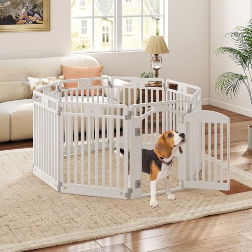 COSTWAY Welpenauslauf faltbar, Welpenlaufstall mit 8 Paneelen, abschließbarer Tür & Bodennägeln, 80 cm hoch, Hundelaufstall Outdoor Indoor, Laufstall Hund, Hundeauslauf aus Kunststoff, Weiß