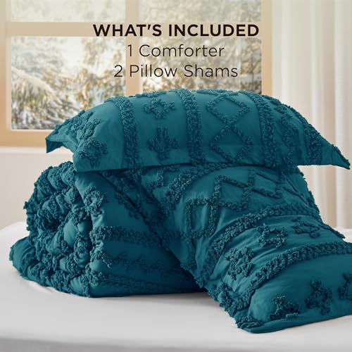 Image of Bedsure Tufted Boho Comforter Set Queen Size - Teal Boho Bed Set, GentleSoft 3 Pieces Farmhouse-Style Embroidery Bedding, Gifts for Woman, Soft Jacquard Kids' Queen Comforter for All Seasons