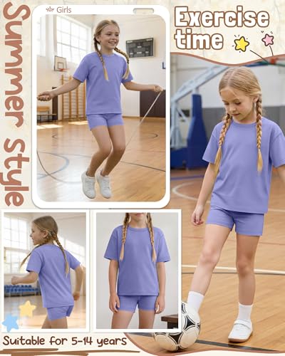 Image of Oakgarden Summer Outfits for Girls 5-14Y Athletic Casual Sets Kid Short Sleeve Shirt Bike Shorts 2 Piece Tween Trendy Clothes