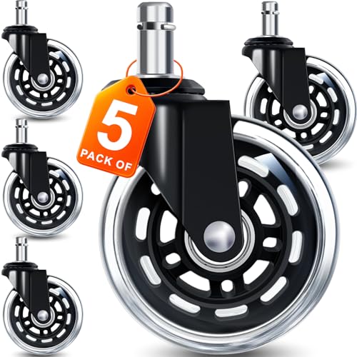 Image of Office Chair Wheels for Casters Replacement - 3 inch Rubber Wheels for Computer Gaming Desk Caster Smooth & Safe Rolling for All Floors Including Hardwood and Carpet - Set of 5 - Modern