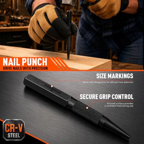 Image of 19-Piece Punch and Chisel Set, Pin Punches, Center Punch, Alignment Tools | Long Cold Chisels, Nail Punches, Chisel Gauge, CR-V Steel Construction, Rolling Pouch for Woodworking and Metalworking