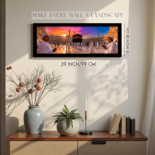 Image of PAINTINGMANTRA Makka Madina Kaaba Islamic Arabic Wall Art Framed Luxury Paintings for Home Decoration, Living room, Bedroom and Office Decoration (99x38 CM)