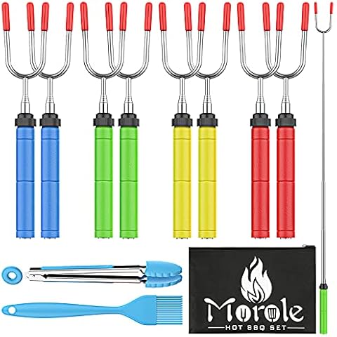 MOROLE Marshmallow Spieße 11 Stück Grillspieße, Ausziehbar Edelstahl Grillgabel Grillzange Grillpinsel, Teleskop Extra Lange 85cm Grill Spieße für Lagerfeuer Camping Smores, Hot Dogs Shish Kebabs Cover