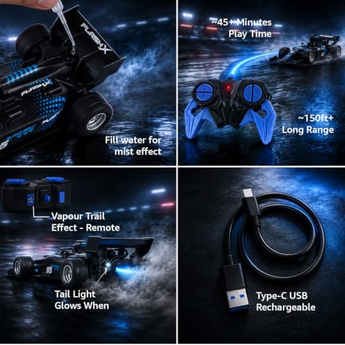 Image of Amazon Brand - Jam & Honey Formula F1 RC Racing Car for Kids | 2.4GHz Remote (100+ ft Range) | Mist Smoke Effect | LED Lights | USB Type-C Rechargeable | Multi-Direction Control | Black|4+ Years
