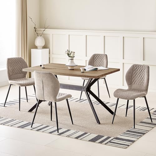 JIJIAN Set da Pranzo con Tavolo da Pranzo in Legno Marrone Scuro e 4 Sedie Marroni, Tavolo Rettangolare (140 x 80 x 76 cm) con 4 Sedie da Pranzo in Lino a Design Ergonomico