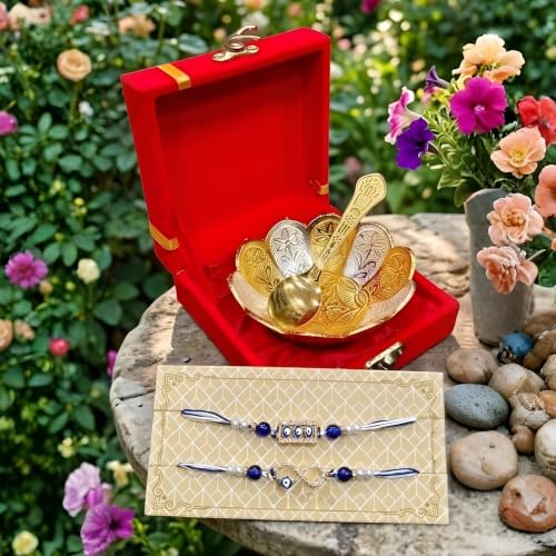 Image of Rakhi for Brother, Gift Set German Silver Gold Bowl and Spoon with Designer Rakhi, Premium Raksha Bandhan Gift Box, Combo Guft Festive Return Gift | Velvet Box