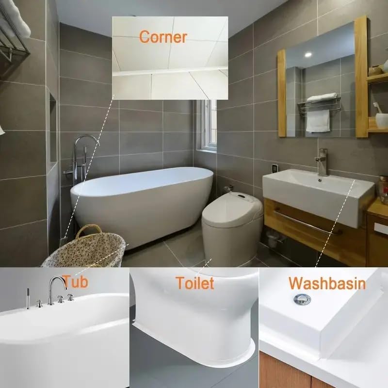 1/3 Rolls White Caulk Tape - Self Adhesive Waterproof Sealant Strip for Bathroom, Kitchen, Sink, Tub, Shower, Bathtub & Toilet Edge Protection (6)