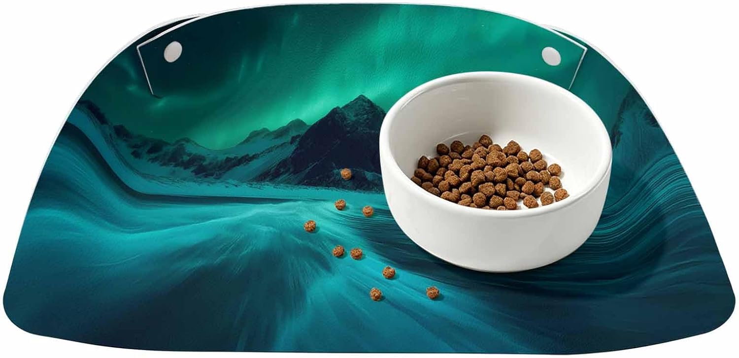 Dog Feeding Mats Romantic Auroras Dog Bowl Mat Waterproof PU Leather Cat Food Mat ICY Lake Glacial Mountains Pet Food Mats for Dogs Cats Water Dispenser Placemat Floor Protector Pet Supplies