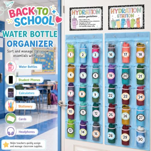 2-Pack-Water-Bottle-Organizer-for-Classroom-30-Pockets-PVC-Clear-Organizer-Holder-for-Cup-Over-The-Door-Hanging-Bag-with-Hydration-Station-Sign-Digital-Stickers-Hooks-for-Back-to-School-Kitchen-Blue