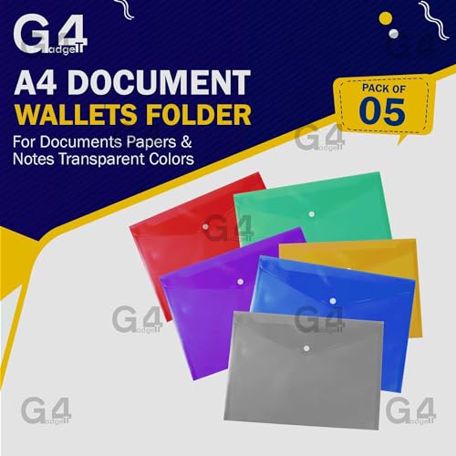 G4GADGET Pack of 5 A4 Plastic Wallets, Durable Popper Document Folders for Paperwork Office & School Filing - Image 3
