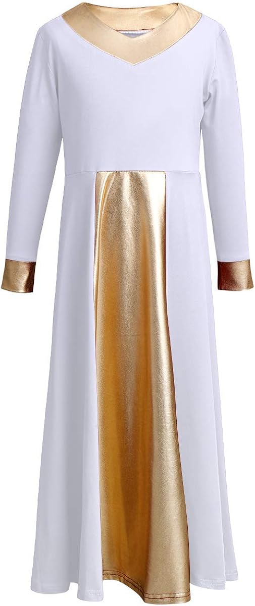 OwlFay Kid Girls Metallic Gold V-Neck Long Sleeve Praise Dance Dresses Loose Fit Full Length Liturgical Lyrical Worship Skirt : Clothing, Shoes & Jewelry