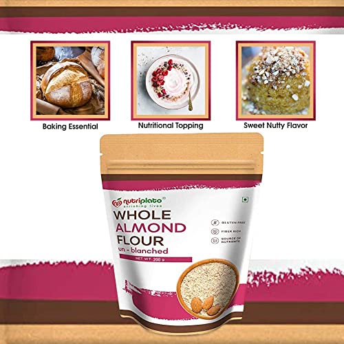 Image of Nutriplato-enriching lives Unblanched Almond Flour Vegan | Crushed Badam [Keto-Friendly, Naturally Protein-Rich, Unblanched (with Skin) Almond Fine Powder] Pouch, 200 g