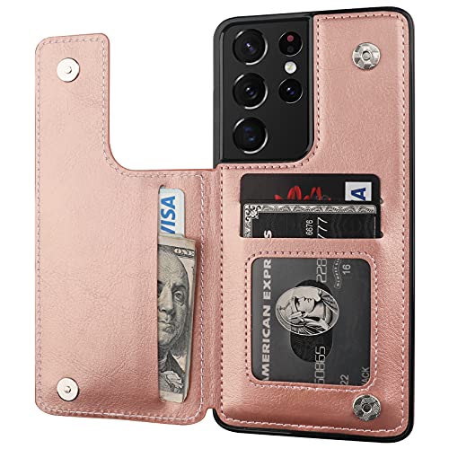 ONETOP for Samsung Galaxy S21 Ultra Wallet Case with Card Holder,Rosegold