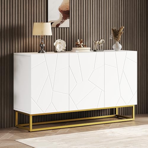 PUGSDRLY Living Room Sideboard, Bedroom Storage Cabinet with 3 Doors, White Storage Cabinet with Gold Support Legs