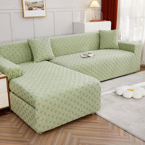 Protection canape extensible en velours jacquard vert matcha tout compris