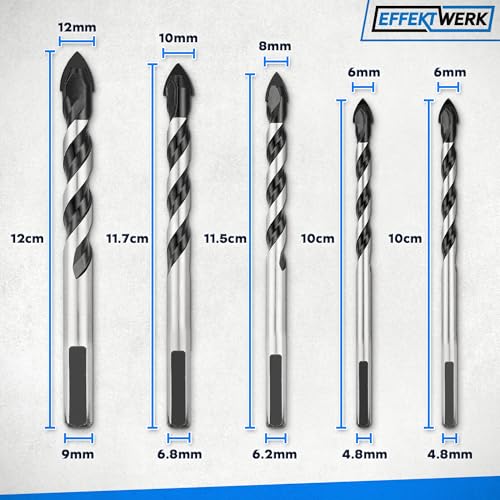 EffektWerk – 5-teiliges Fliesenbohrer-Set – 6/6/8/10/12 mm – Wolframkarbidspitze mit U-Nut für Keramik, Beton, Glas, Porzellan und Mauerwerk