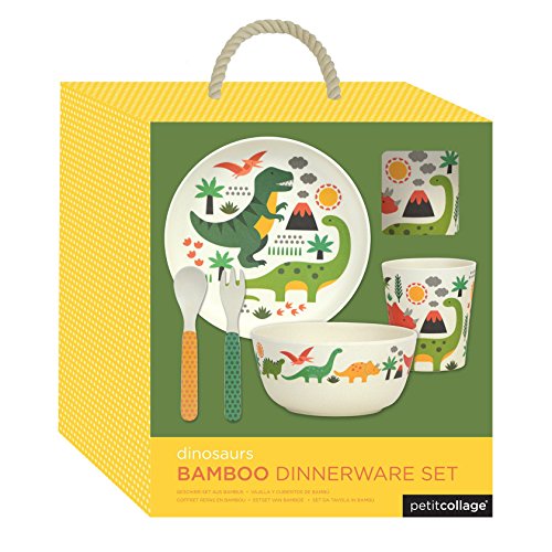Petit Collage Dinosaurs Bamboo 5-Piece Toddler Dinnerware Set, Includes A Kid’s Plate, Bowl For Kids, Kid’s Cup And Kid’s Silverware Set – Hot & Cold Foods/Liquids – Bamboo Dinnerware Set For Ages 3+ #TOP2