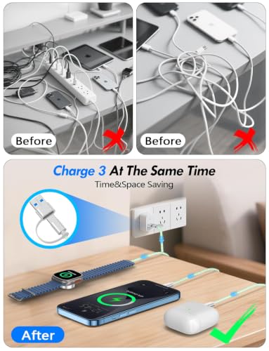 Image of 2Pack Travel Essentials for Apple Watch Charger,3-in-2 Multi Charging Cable | Cruise Vacation Camping Essentials for iPhone Charger,Type C /Lightning for iWatch,iPhone 17-12,Xbox Series X&S-4FT Green
