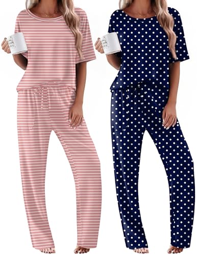 Image of Ekouaer 2 Pack Womens Pajamas Sets Short Sleeve Long Pants Pjs Lounge Set