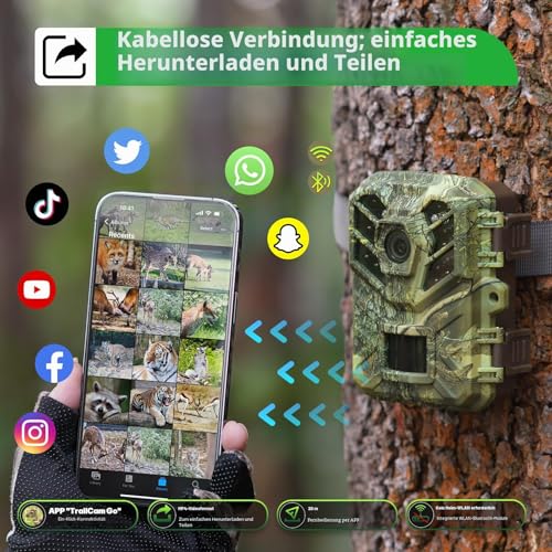 Coolifepro WLAN-Fotofalle Bluetooth, Mini 32 MP 1080P Jagdkamera mit IR Nachtsicht wasserdicht IP...