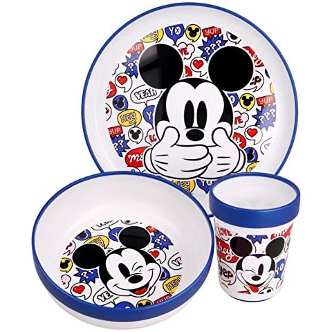 STORLINE Official Mickey Mouse 3Pcs Coloured Premium Micro Dining Set - Plate, Bowl and Tumbler Dinnerware Set for Children, Multicolour Cover
