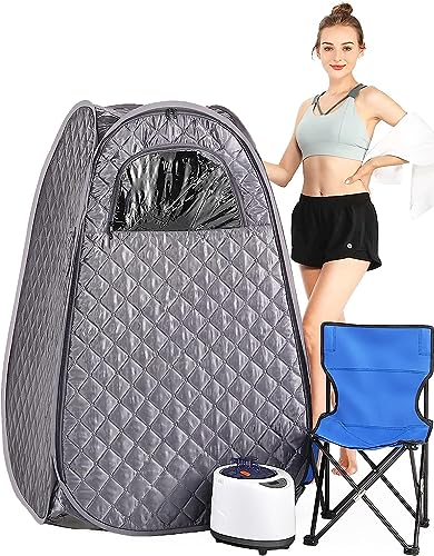 IvyBess Sauna Box, Portable Steam Sauna for Home, 2.6L 1000W Portable Full Body Sauna, Sauna Tent with Steamer, Extra Large Sauna Box with 90 Minute Timer, Chair, Remote Control Included (Grey)