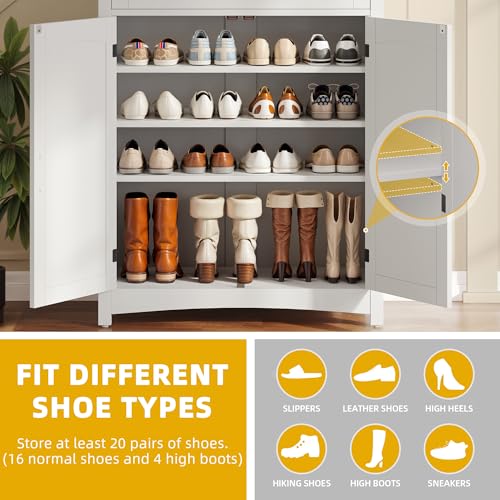 DWVO 5-Tier Shoe Storage Cabinet, Farmhouse Shoes Rack Cabinet with Adjustable Shelf, 43" Tall Shoe Organizer with Drawer & Doors for Entryway Hallway Living Room Closet (White)