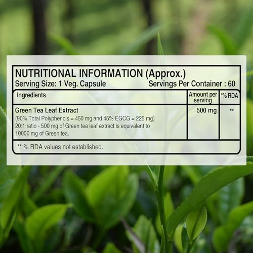 Image of Pure Nutrition Green Tea for Weight Loss | Green Tea Leaf Extract 500mg | 90% Polyphenols & 45% EGCG | Fat Cutter Supplements | Antioxidant Support | Energy & Metabolism Support | Skin & Heart Health Support - 60 Veg Capsules