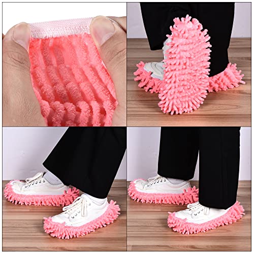 Image of MECCANIXITY Washable Cleaning Shoes Cover Multifunction Chenille Duster Mop Slippers Foot Socks for House Floor, Pack of 4 Pink
